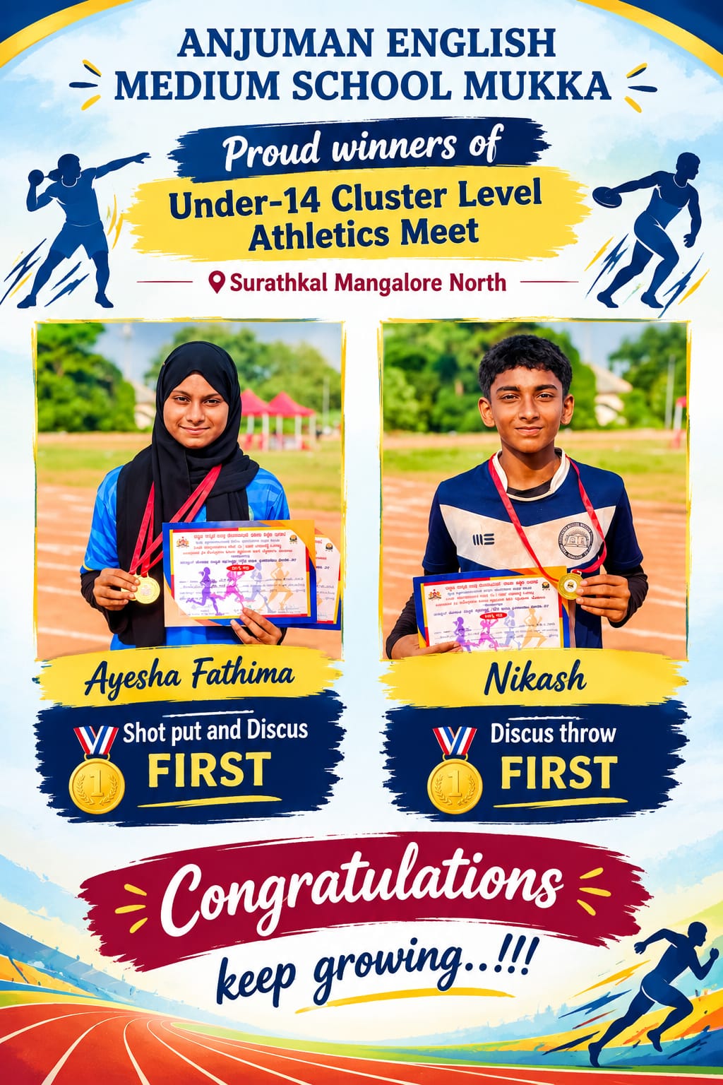 Ayesha Fathima & Nikash — First in Shot Put, Discus and Discus Throw — U-14 Cluster Level Athletics Meet, Surathkal Mangalore North.